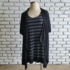 Delirious Short Sleeve Black Cardigan Attached to Grey & Black Striped Shirt 3X